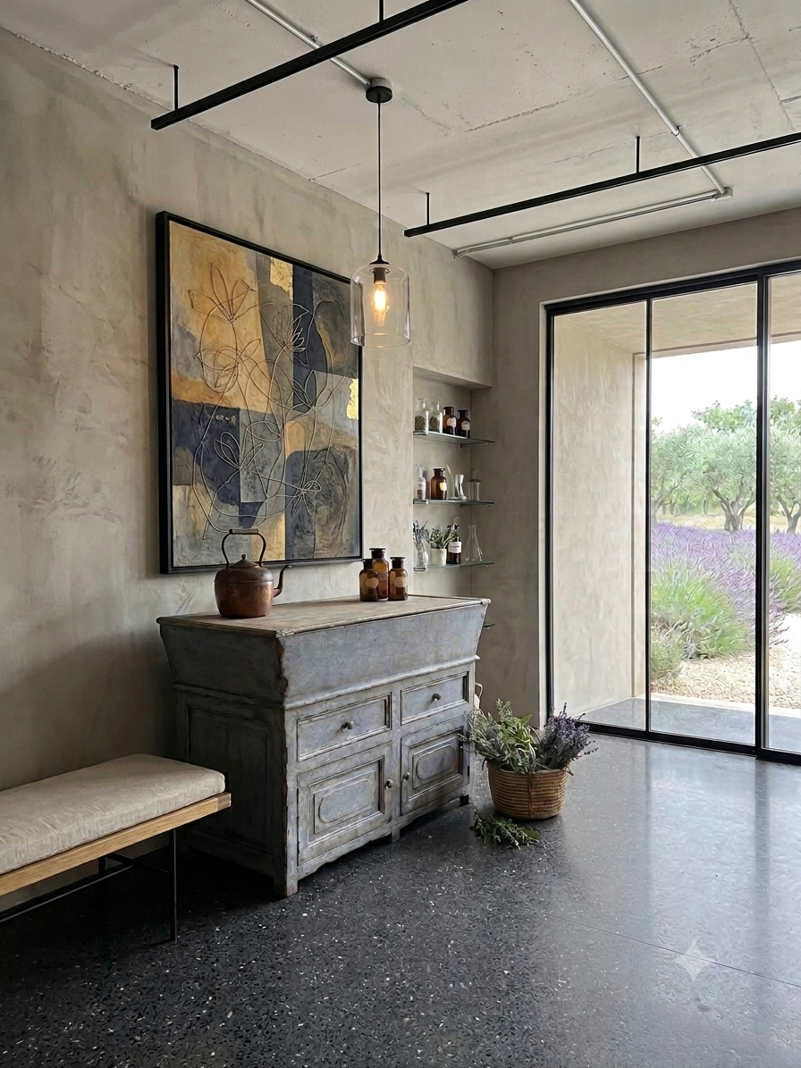 Interno minimalista con pareti in cemento, una grande porta scorrevole in vetro che apre su un giardino con piante e lavanda, una credenza vintage, edicole di diffusione di vari oggetti e piante, un lampadario a bulbo di vetro, un quadro astratto sopra la credenza e un cesto con fiori e piante sul pavimento.