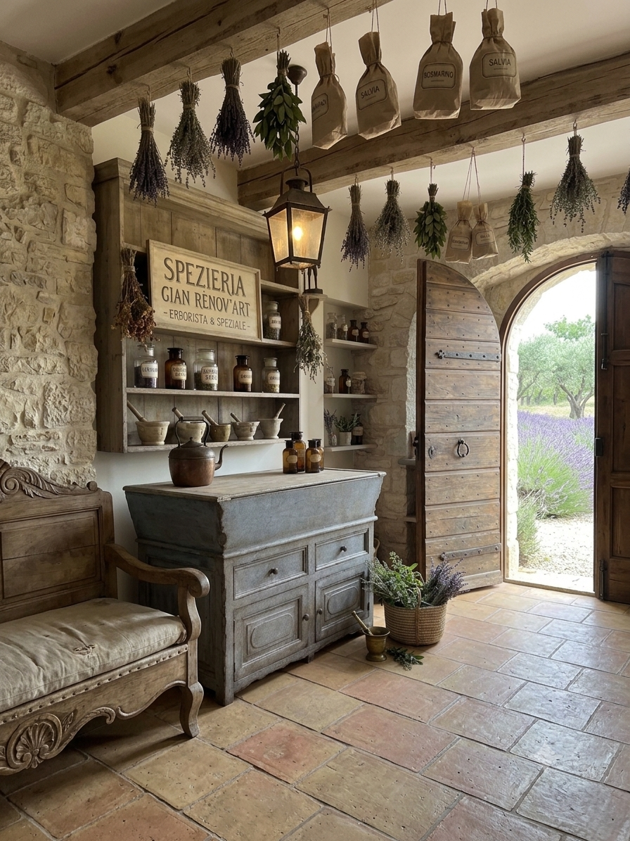 Interno di una cucina rustica con mobili in legno, sacche di spezie e erbe aromatiche appese dal soffitto, tavolo con oggetti in terracotta, e un portale in legno che dà su un giardino con lavanda.
