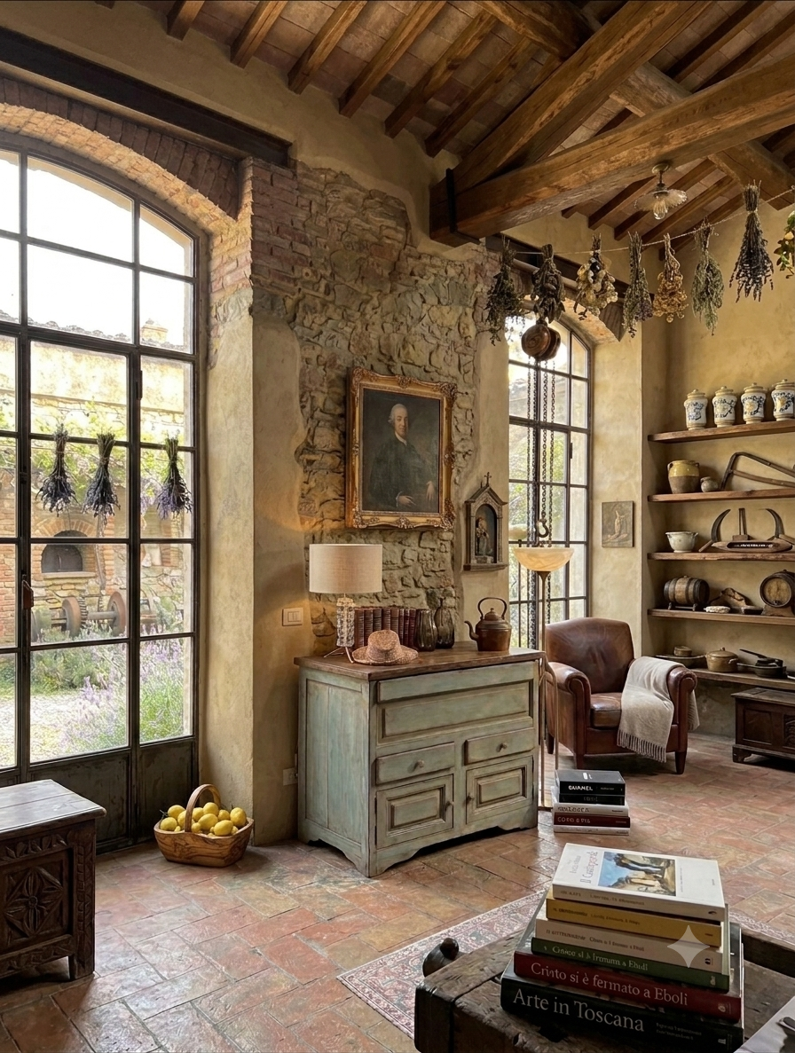 Interno rustico con pareti di pietra, grandi finestre, soffitti con travi di legno e decorazioni di lavanda appese. Arredi vintage tra cui una credenza, una poltrona in pelle, scaffali con ceramiche e oggetti antichi, e un tavolo con libri.