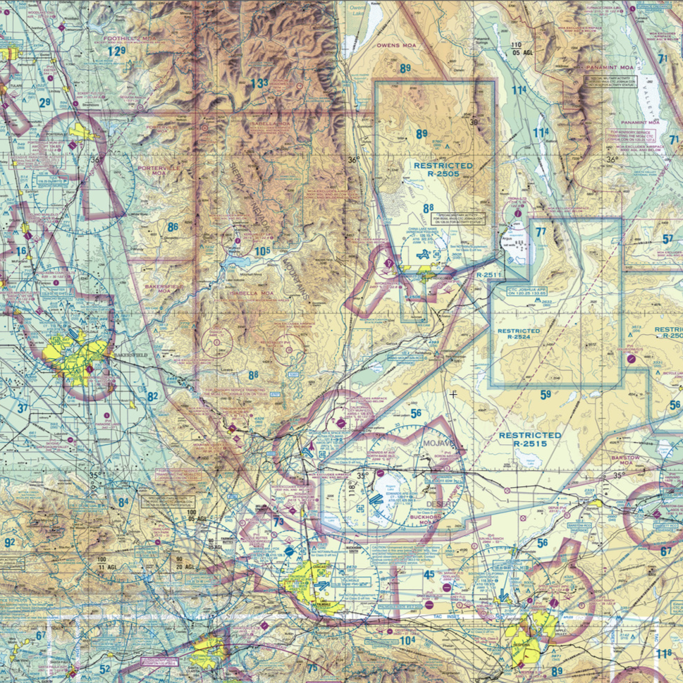 A detailed sectional navigation chart of a portion of the southwestern United States, showing airspace boundaries, restricted zones, and terrain features.