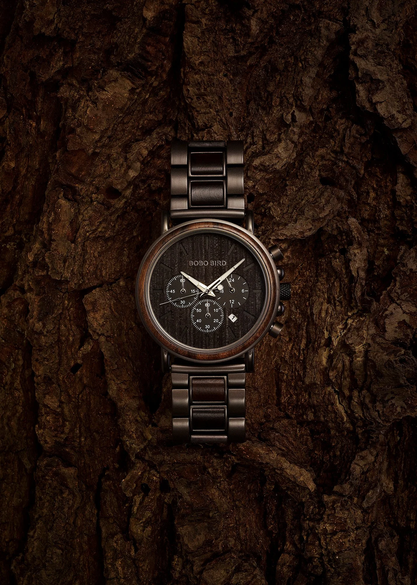 Bobo Bird wooden watch sitting on tree bark