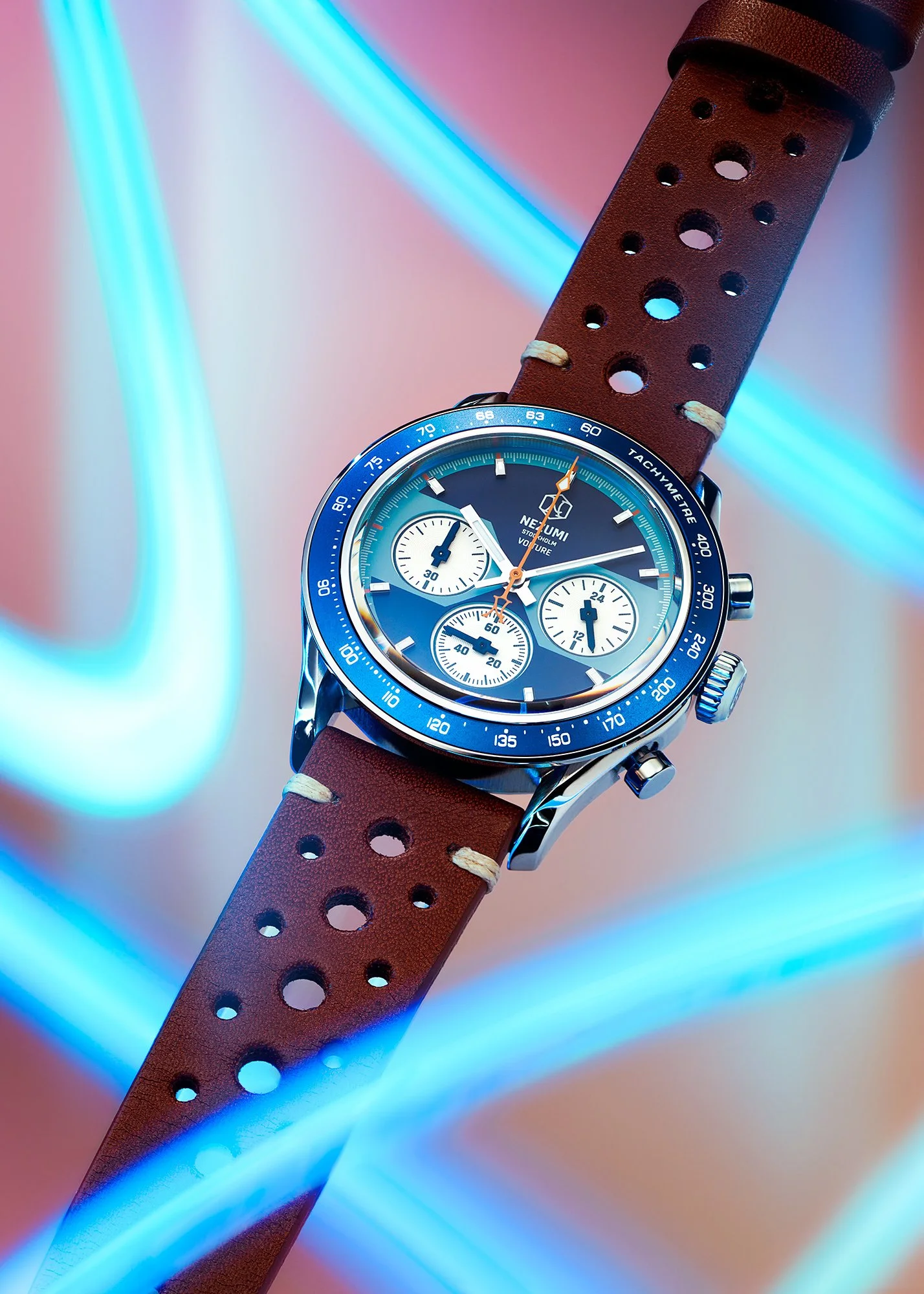 Nezuni VOITURE chronograph watch with blured blue neon lights behind