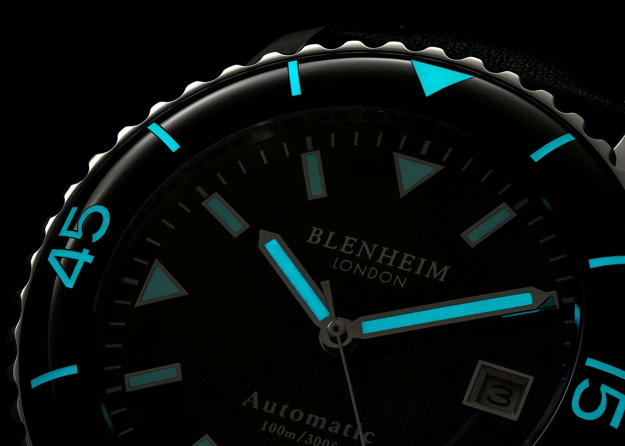 Close up focus stacked macro image of Blenhiem Navi Pro in the dark showing the watch lume
