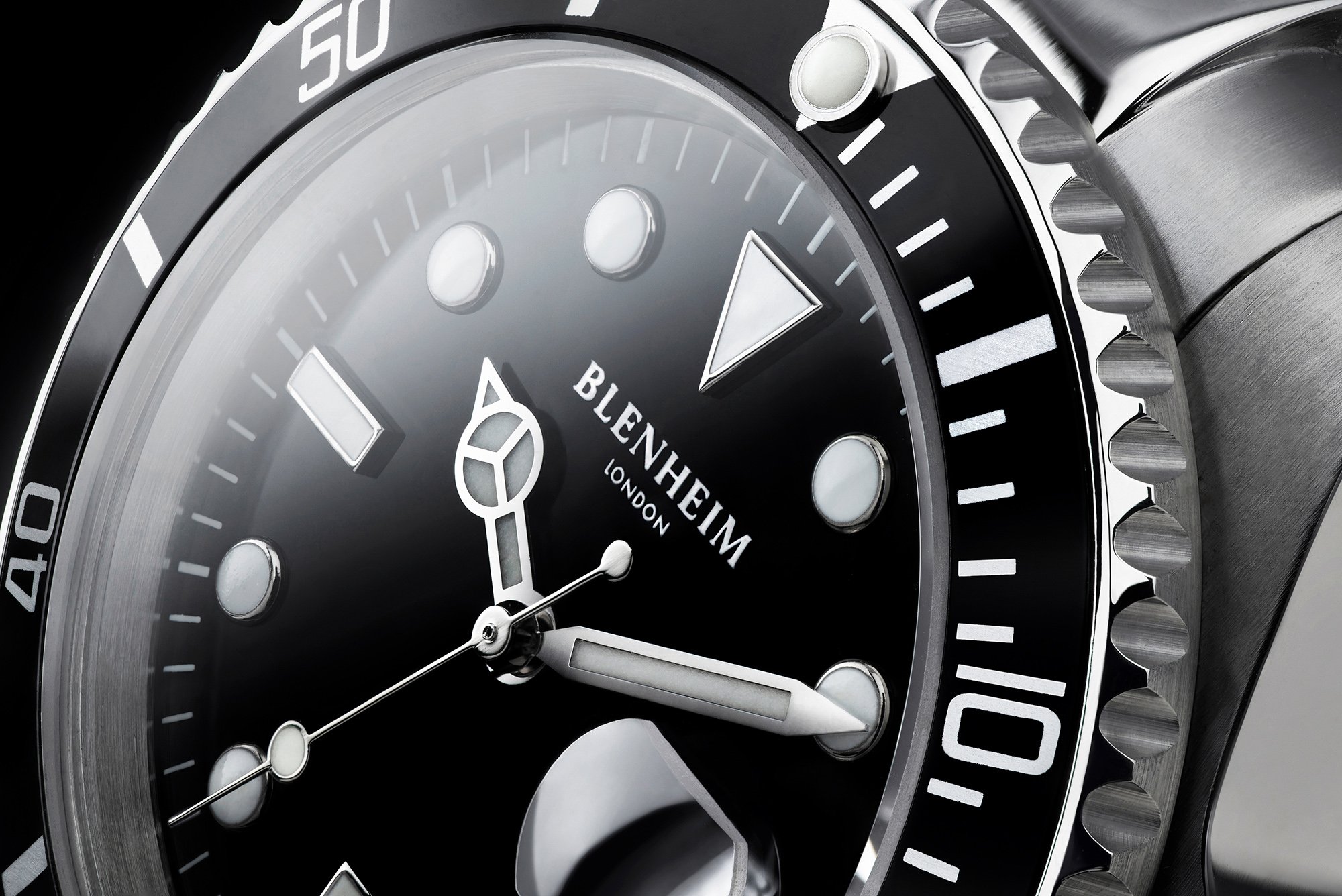 Close up photo stacked image of the Black face of Blenhiem Navigator watch