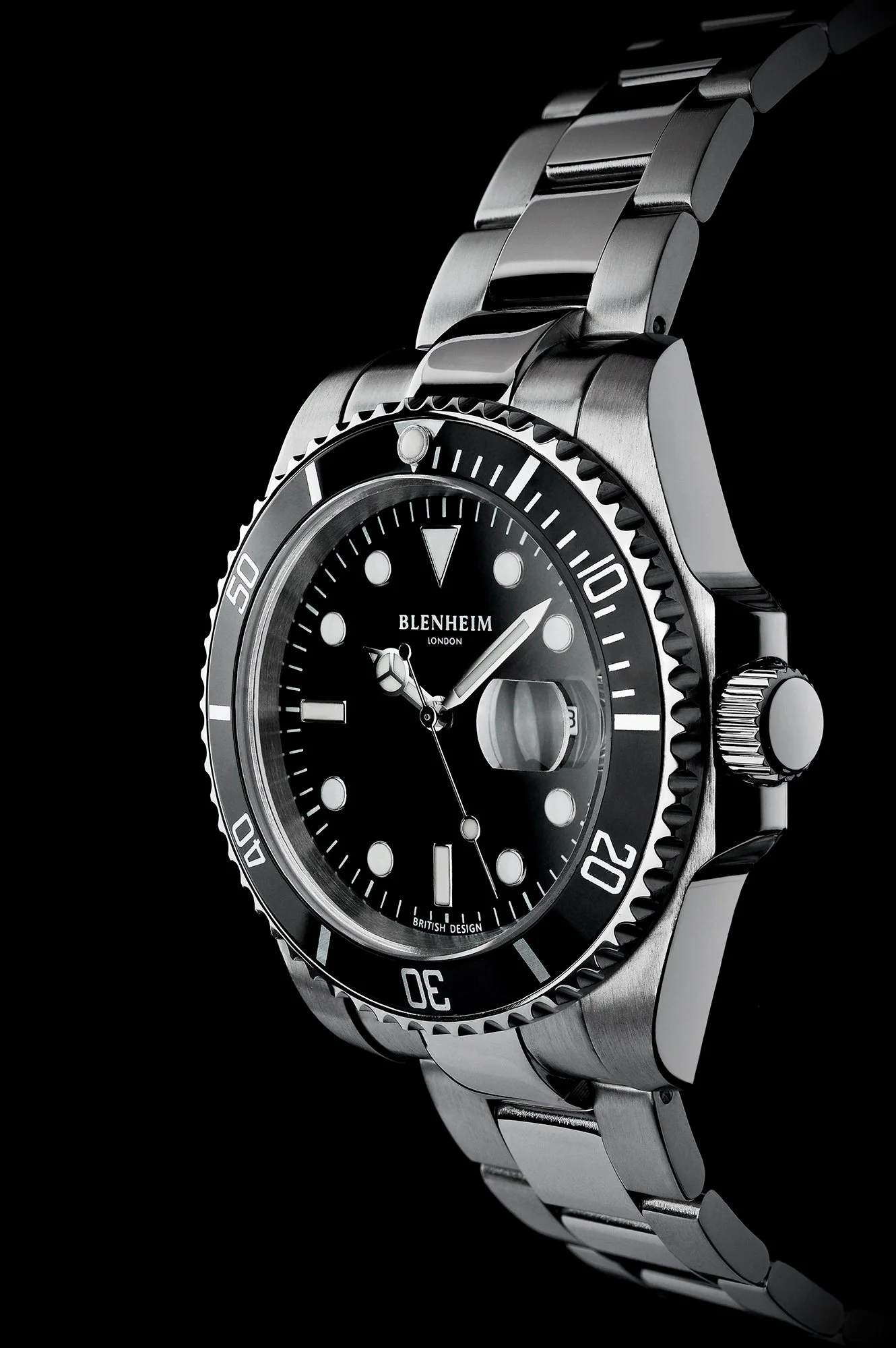 Close up photo stacked image of the Black face of Blenhiem Navigator watch