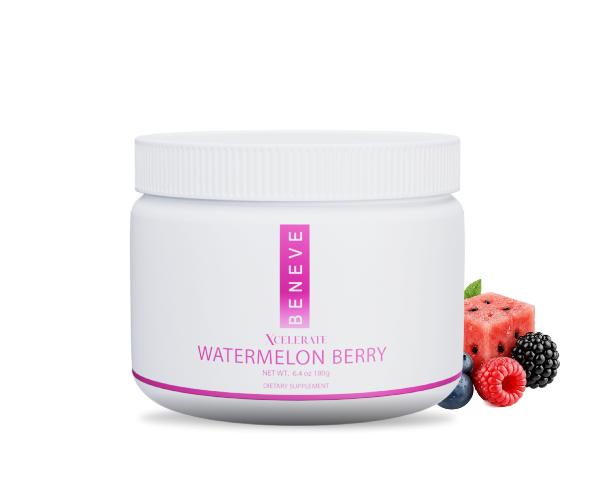 A white container labeled 'Benefit Xcelerate Watermelon Berry dietary supplement' with a pink stripe and berries beside it, including watermelon, raspberry, blackberry, and blueberry.