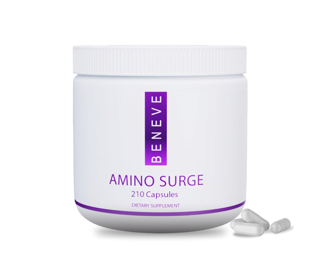 A white container of dietary supplement labeled 'BENEV AMINO SURGE,' with 210 capsules and a few capsules lying in front of it.