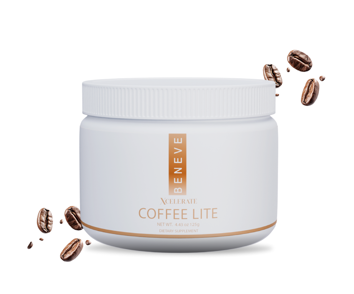 A white container of Benevue Xcelerate Coffee Lite dietary supplement with coffee beans around it.