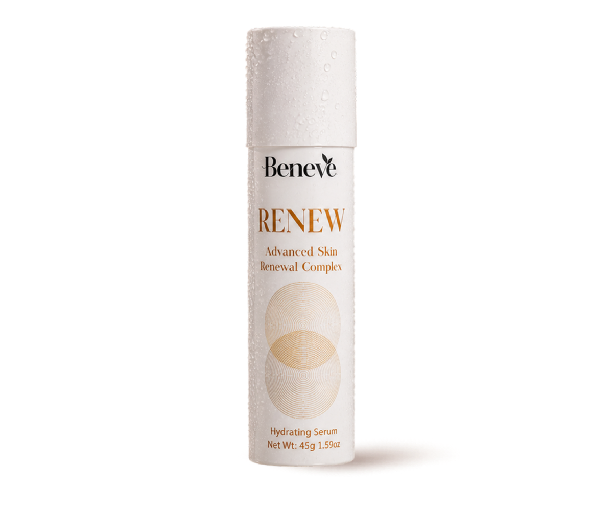 Beneve Renew Hydrating Serum bottle with a white cylindrical shape, water droplets on the cap, and beige geometric design on the label.