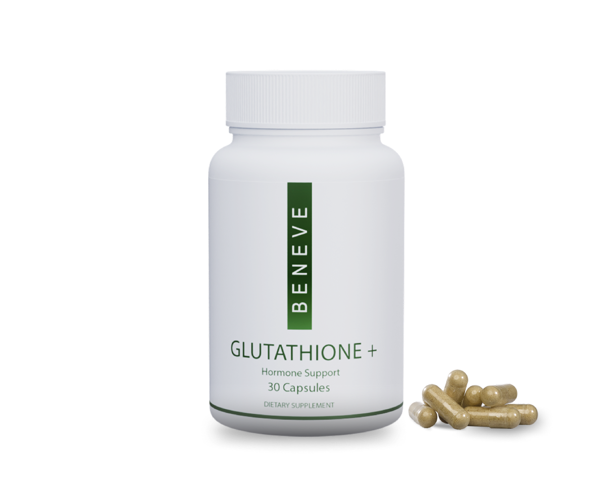 A white bottle of Beneve Glutathione+ dietary supplement capsules with 30 capsules, alongside some capsules spilled out, labeled as hormone support.