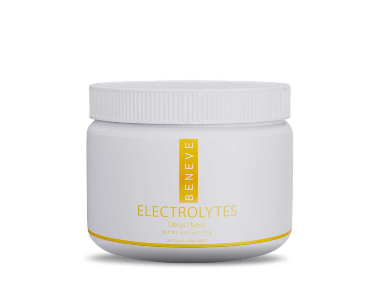 A white container of Beneye Electrolytes with a white lid, labeled as citrus flavor, dietary supplement, weighing 6.10 ounces.