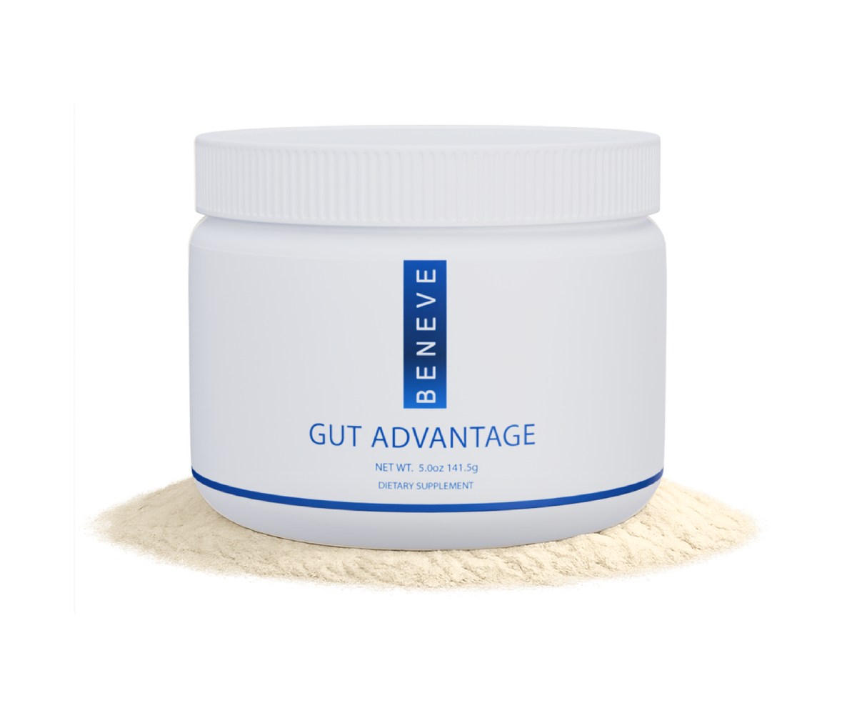 A white container of BENEVE Gut Advantage dietary supplement on a pile of beige powder.