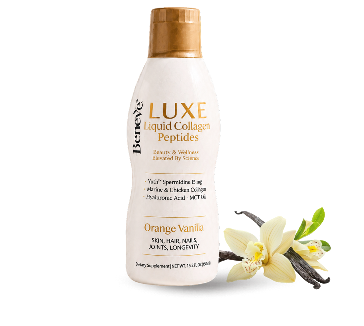 Bottle of Bérene Luxe Liquid Collagen Peptides with vanilla scent, accompanied by vanilla flowers and vanilla beans.
