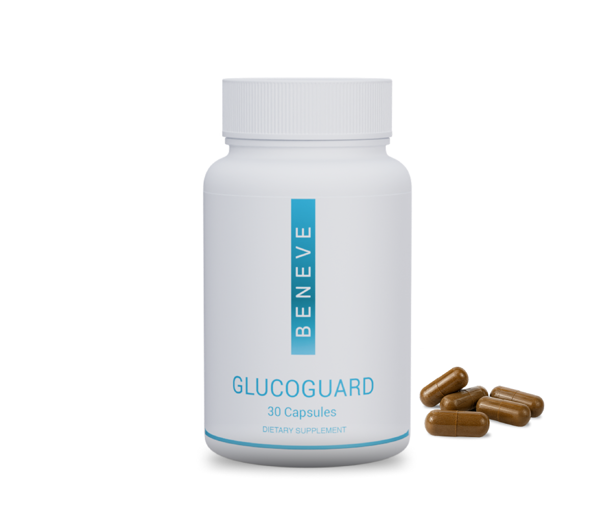 A white bottle labeled 'Beneneve Glucoguard' with 30 capsules, alongside a small pile of brown capsules, indicating a dietary supplement.