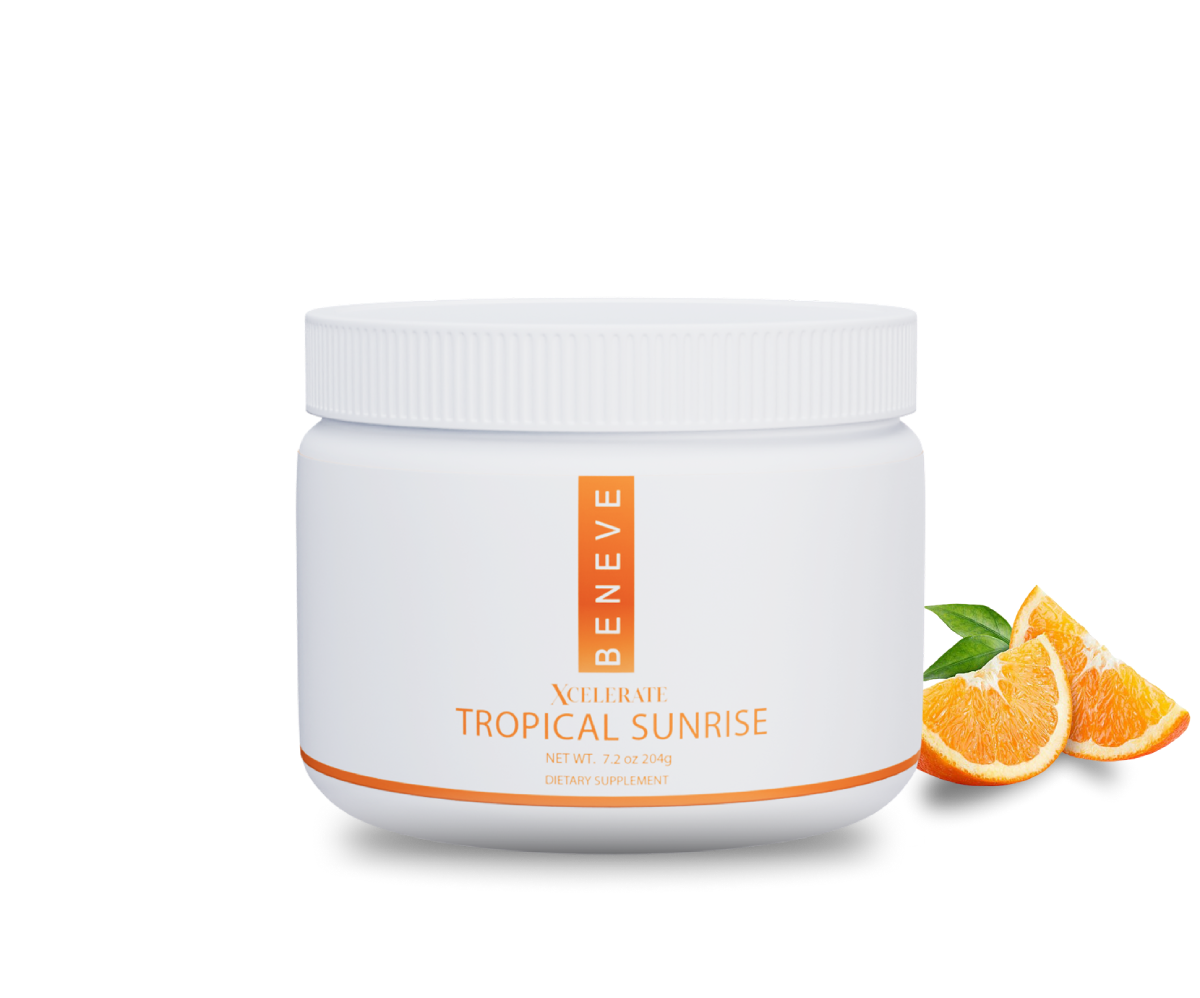 A white jar of Beneve Xcelerate Tropical Sunrise dietary supplement with sliced oranges and green leaves beside it.