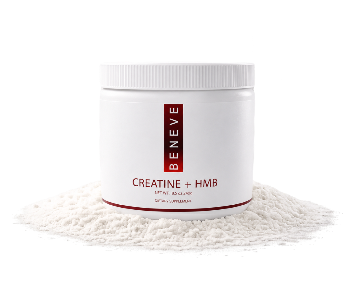 Container of BENYVE Creatine + HMB dietary supplement on a bed of white powder.