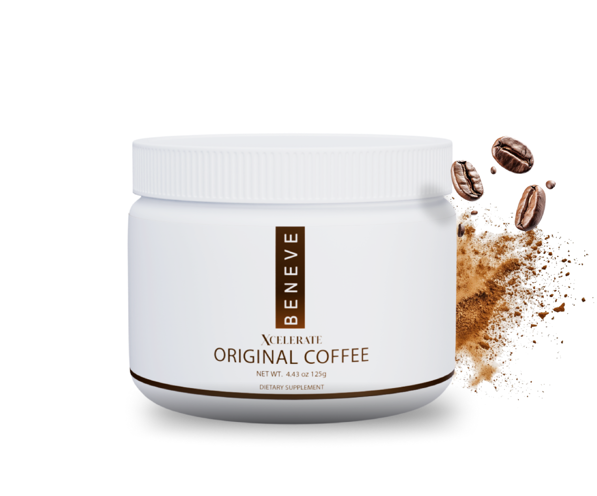 A white jar labeled 'BENEV Xcelerate Original Coffee' with some coffee beans and ground coffee spilled next to it.