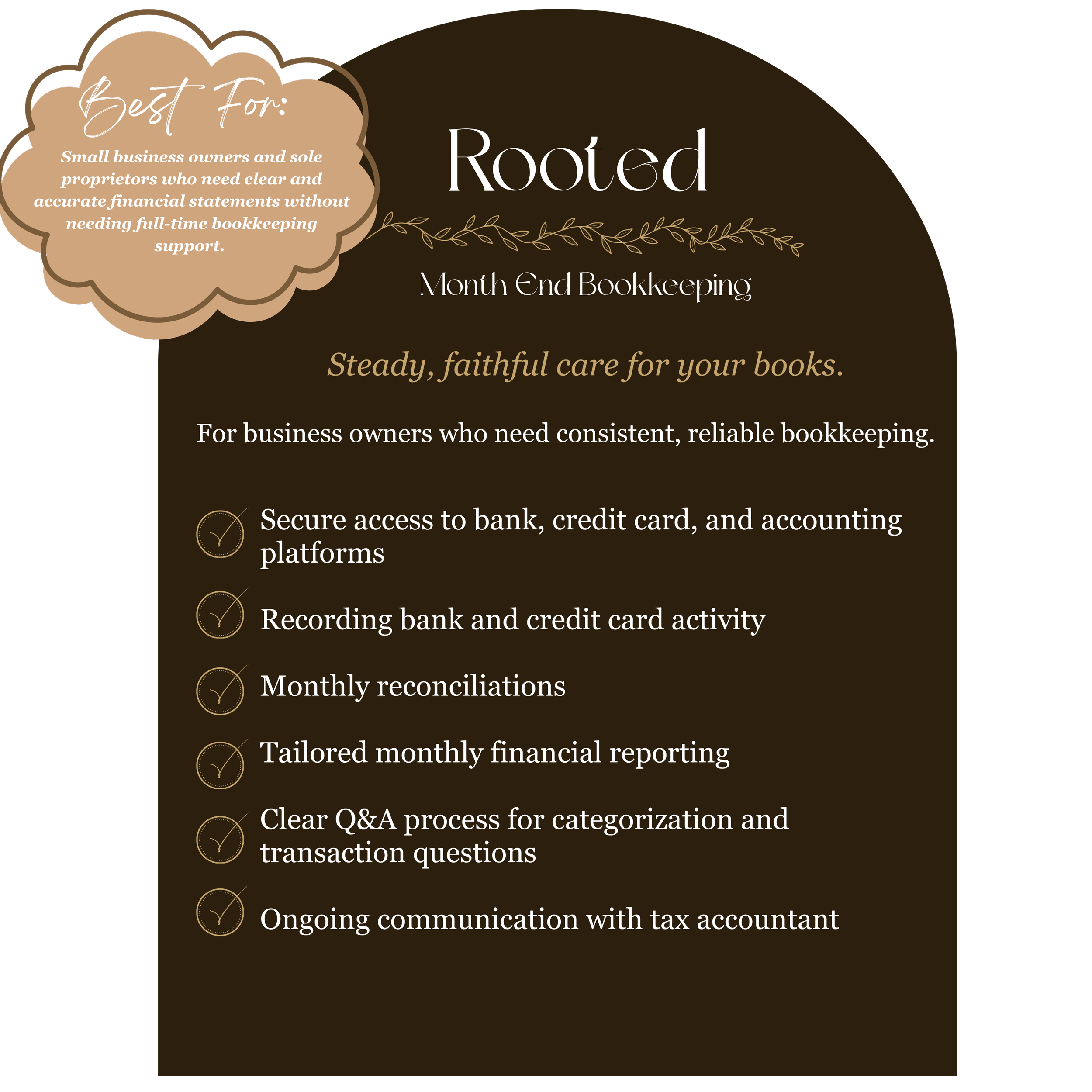 An informational graphic with a black background featuring a brown oval shape and a beige cloud shape. The text in the graphic promotes bookkeeping services for small business owners and sole proprietors, highlighting benefits such as reliable financial statements, secure banking, ongoing communication with tax accountants, and tailored financial reporting.