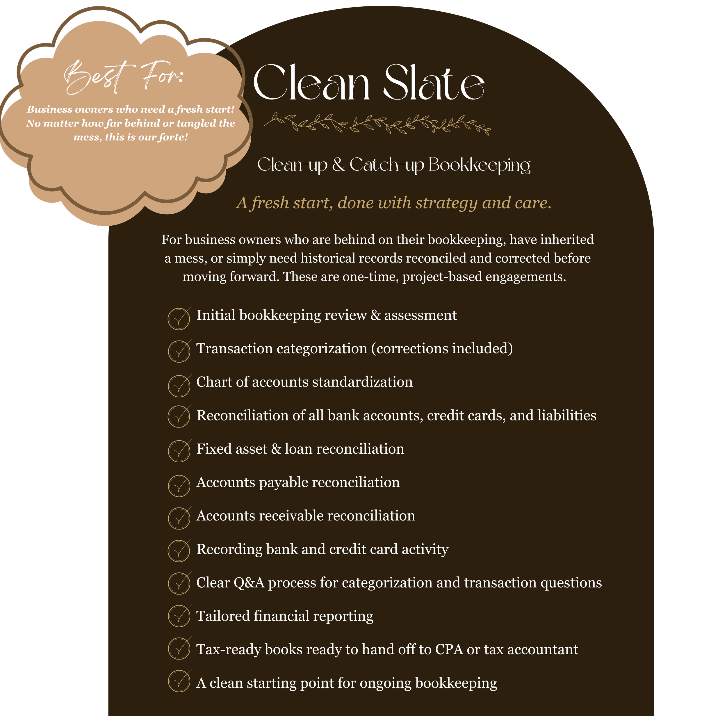 A dark-themed infographic with a brown and black color scheme, featuring a beige cloud-shaped caption that reads 'Best For: Business owners who need a fresh start! No matter how far behind or tangled the mess, this is our forte!' The infographic discusses services related to clean-up and catch-up bookkeeping, including initial review and assessment, transaction categorization, chart of accounts standardization, reconciliation of bank accounts, credit cards, liabilities, fixed assets, and loans, as well as historical record reconciliation, accounts payable, receivable, bank and credit card activity, clear Q&A process, tailored financial reporting, tax-ready books, and ongoing bookkeeping for business owners looking for a fresh start.