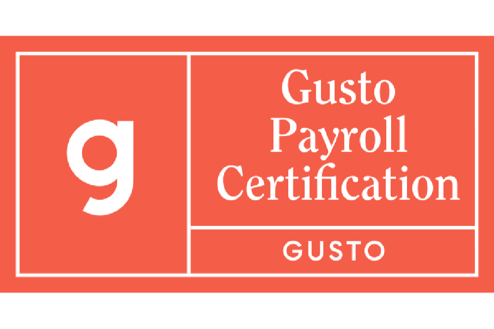Gusto Payroll Certification logo with a white lowercase 'g' on a red background and the text 'Gusto Payroll Certification' and 'GUSTO' in white.