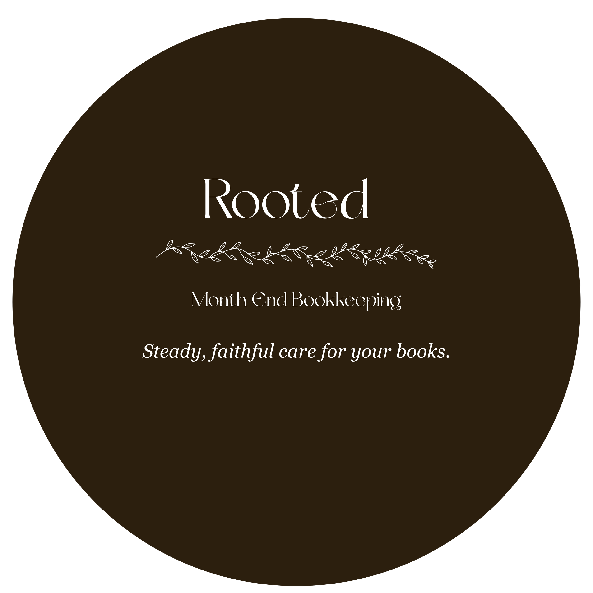 Book cover titled 'Rooted' with subtitle 'Month End Bookkeeping' and tagline 'Steady, faithful care for your books', featuring a decorative branch illustration, in dark earthy tones.
