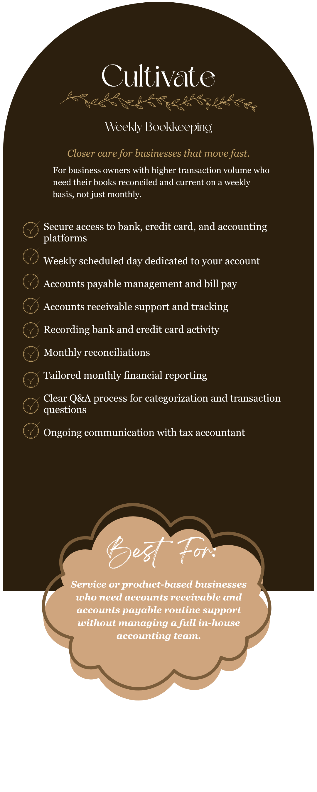 A promotional flyer for weekly bookkeeping services targeted at small and medium businesses, highlighting features such as secure platform access, account management, reconciliations, tailored financial reporting, and ongoing communication with tax professionals.