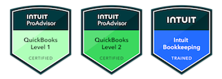 Three badges for Intuit ProAdvisor certifications, for QuickBooks Level 1, QuickBooks Level 2, and QuickBooks Bookkeeping, with respective labels and colors.