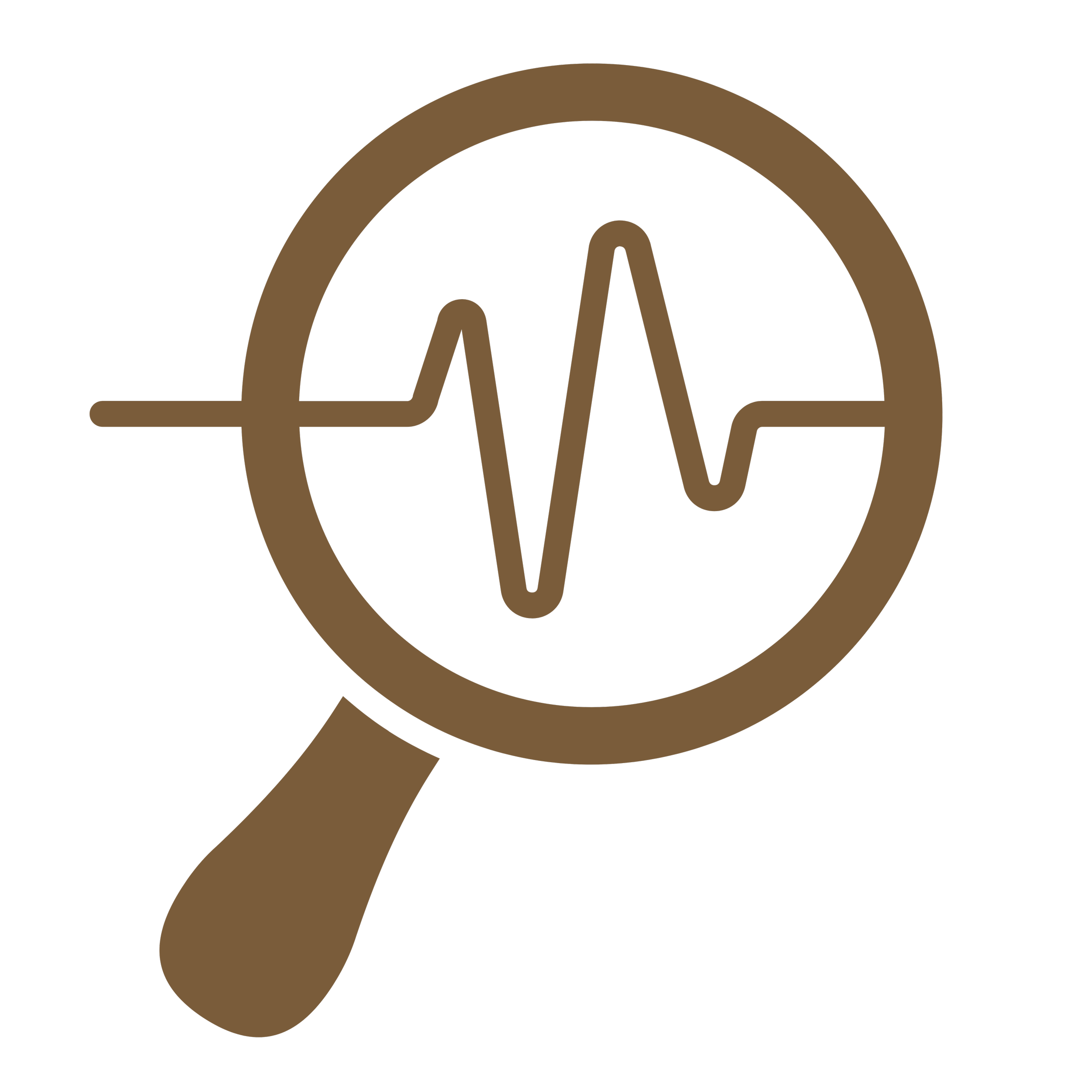 A line drawing of a hand holding a magnifying glass with a circular frame, inspecting a currency symbol.