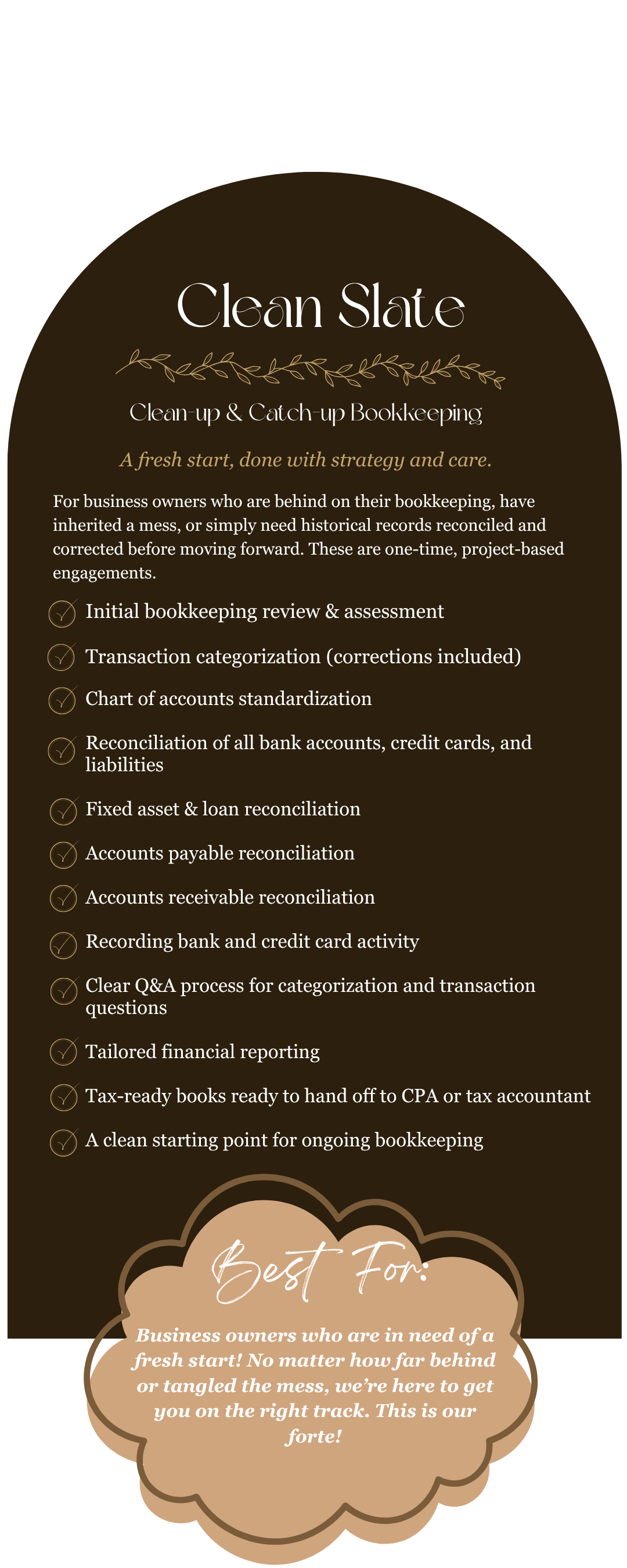 Infographic titled 'Clean Slate' promoting bookkeeping services for business owners behind on their bookkeeping, listing various services including review, correction, reconciliation, and reporting, with a message encouraging a fresh start for those in need.