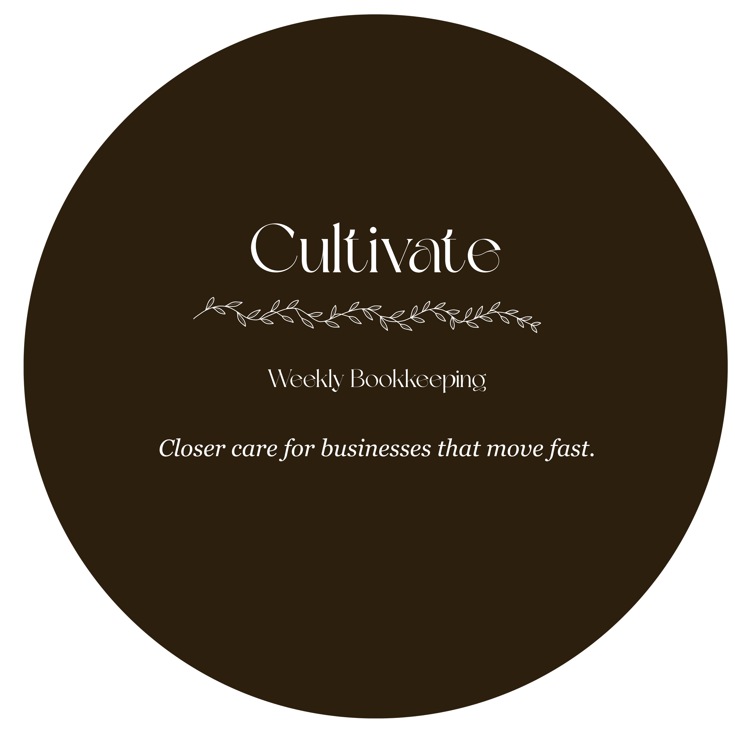 Book cover titled 'Cultivate' with subtitle 'Weekly Bookkeeping' and the phrase 'Closer care for businesses that move fast' beneath, in elegant white script with a decorative leafy line.