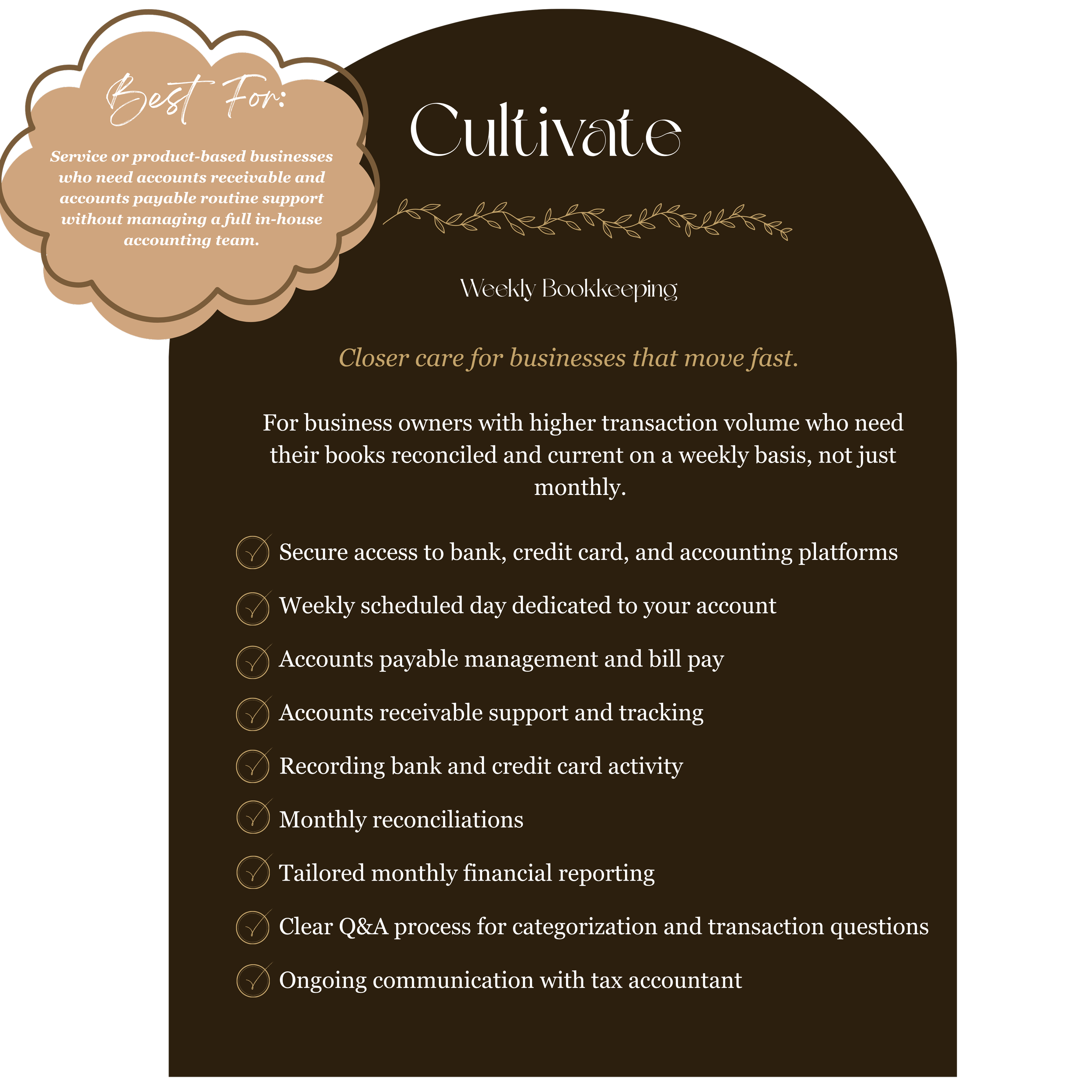 A promotional graphic with a dark background and beige accents, listing services for growing businesses, including bookkeeping, financial reporting, and tax support.
