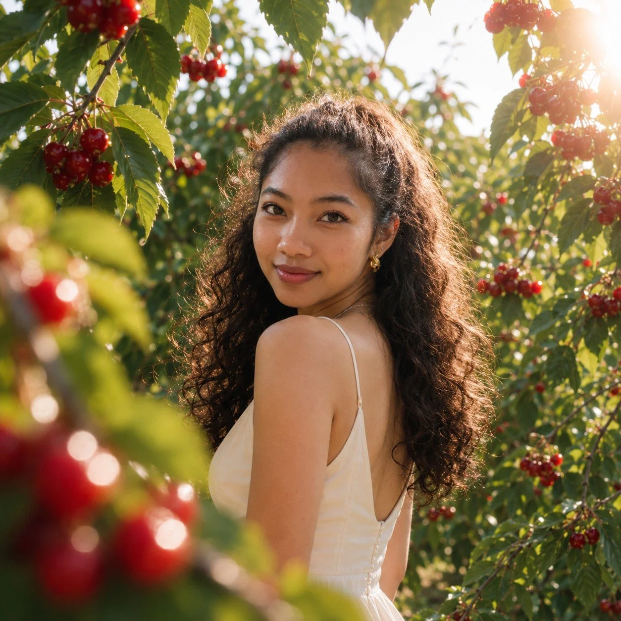 A young woman with long curly hair and gold earrings smiling in a cherry orchard during daytime, with sunlight filtering through the leaves.