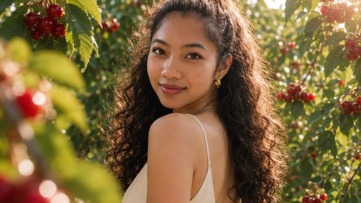 A young woman with curly hair and gold earrings standing among cherry trees with ripe red cherries, bathed in sunlight.