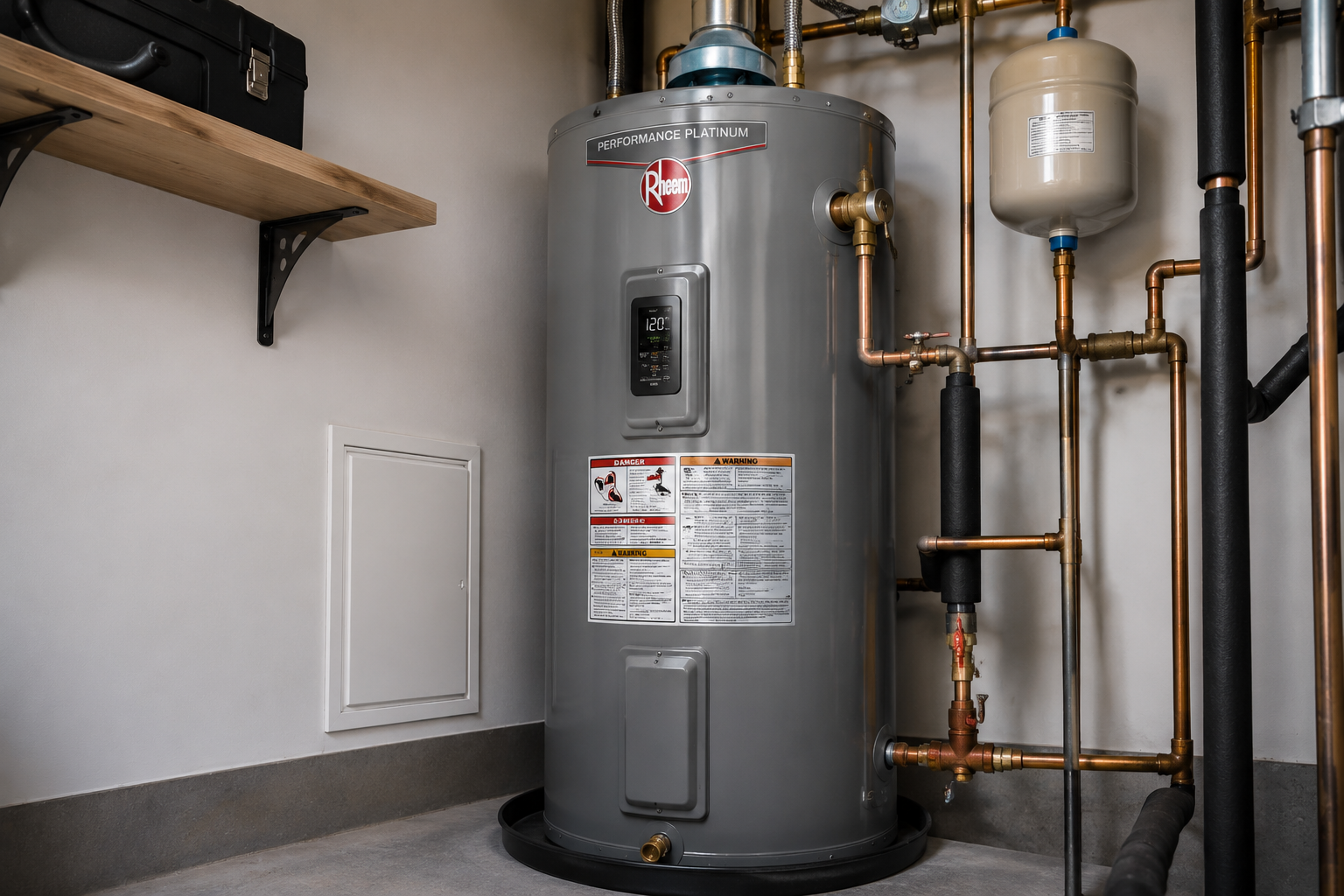 A Rheem Performance Platinum water heater in a utility room with copper and black pipes connected to it, an informational panel with warning labels, and a wooden shelf mounted on the wall.