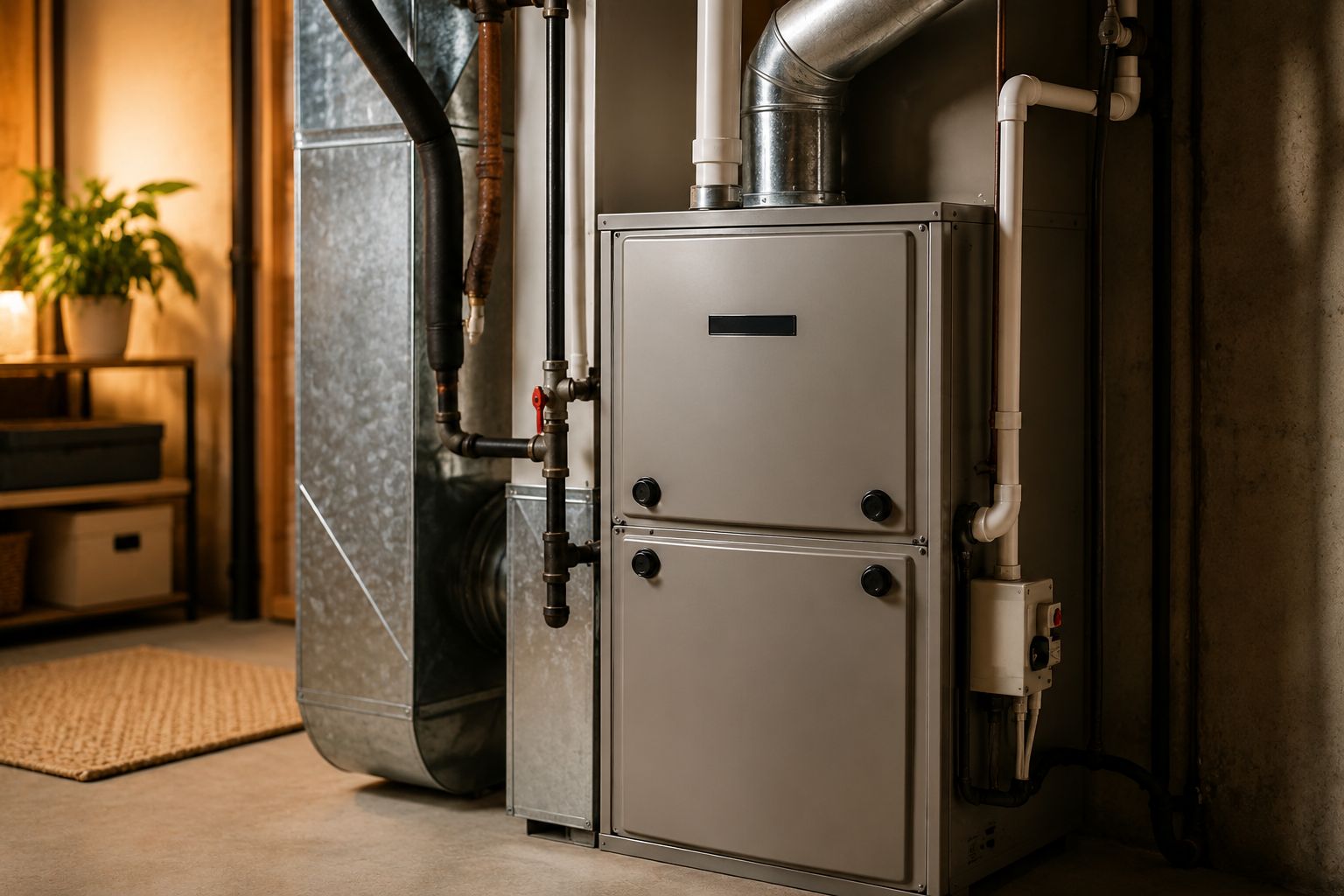 Close-up of a modern furnace or boiler with pipes, ducts, and control panels in a basement or utility room.
