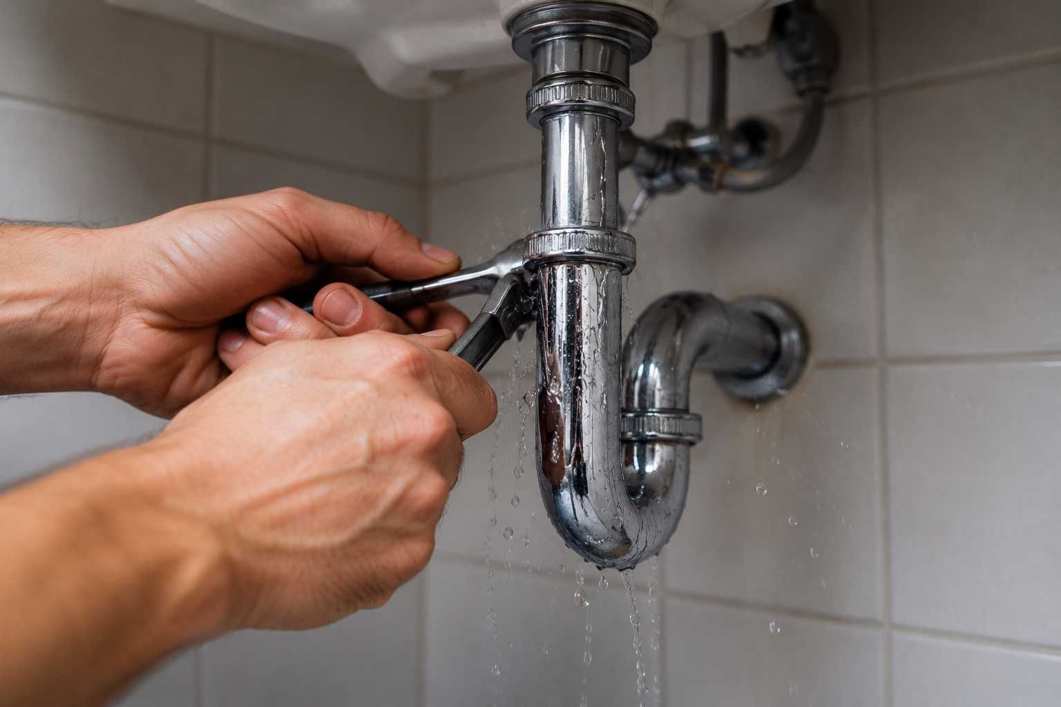 Hands fixing or repairing a leaky sink pipe under a kitchen or bathroom sink.