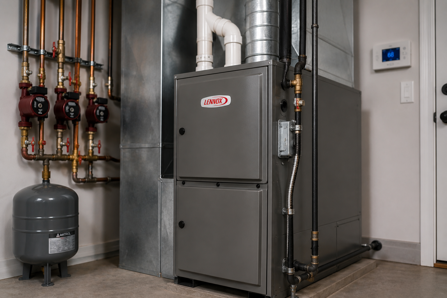 An indoor heating system with a Lennox furnace, copper pipes, a grey expansion tank, and a digital thermostat on the wall.