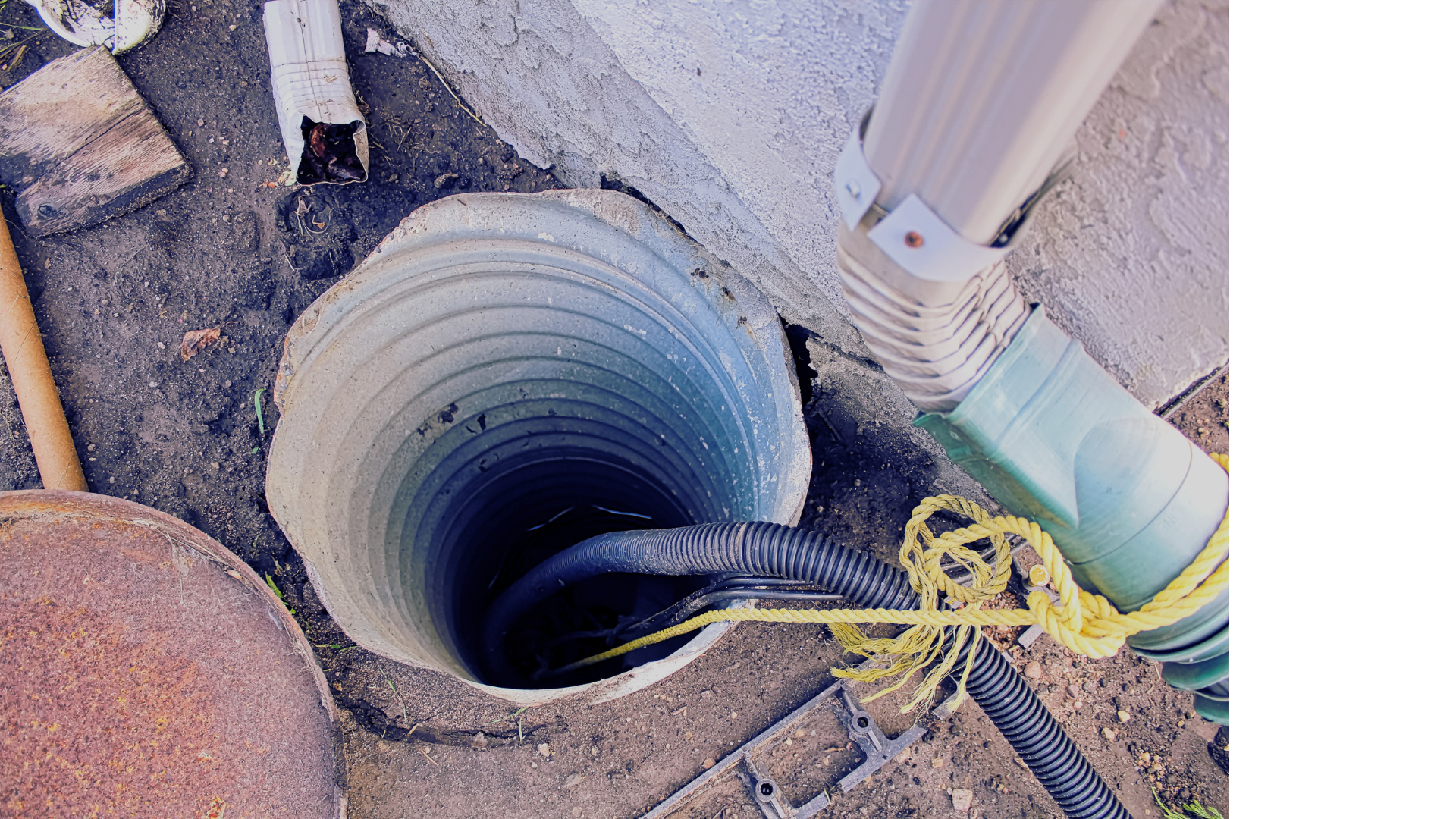 A construction site showing a large open pipe in the ground, surrounded by dirt, a wooden block, a rolled-up metal pipe, and yellow ropes. A downspout or drainage pipe with a flexible connector is attached to the pipe in the ground, with electrical or utility cables nearby.