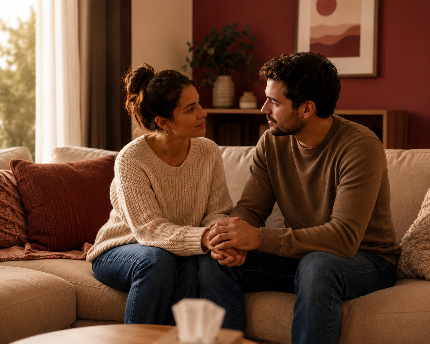 A couple sitting on a beige couch holding hands and looking into each other's eyes in a cozy living room.