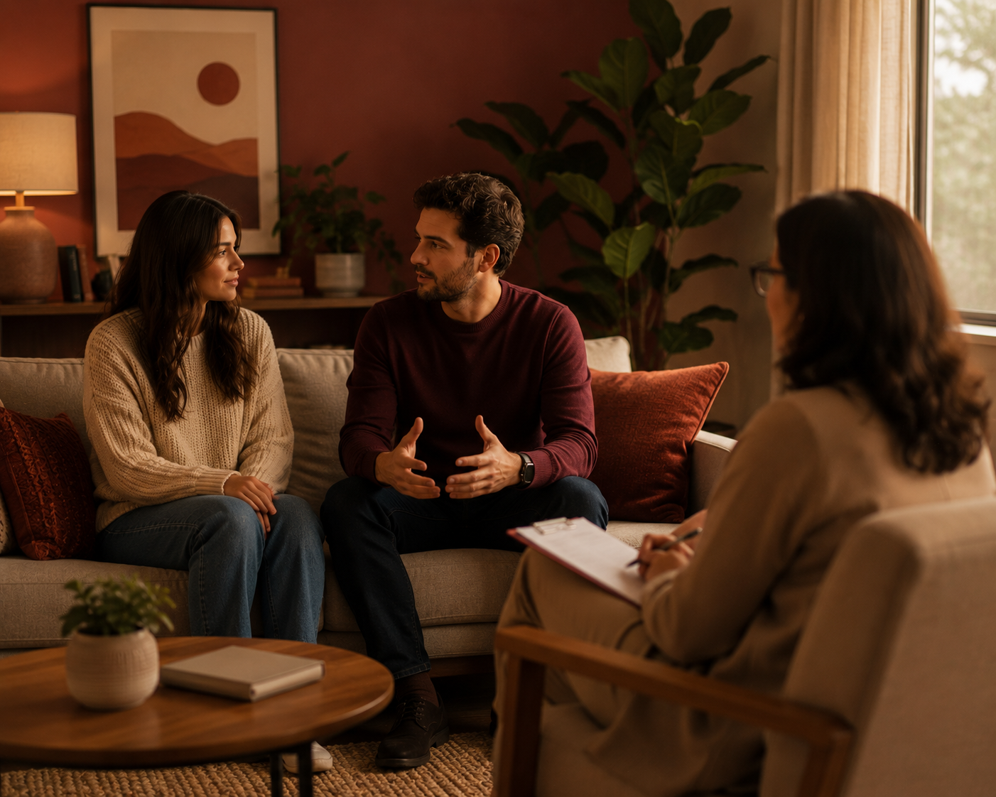 A man and woman having a conversation during a therapy session in a cozy, well-lit living room with a therapist taking notes.