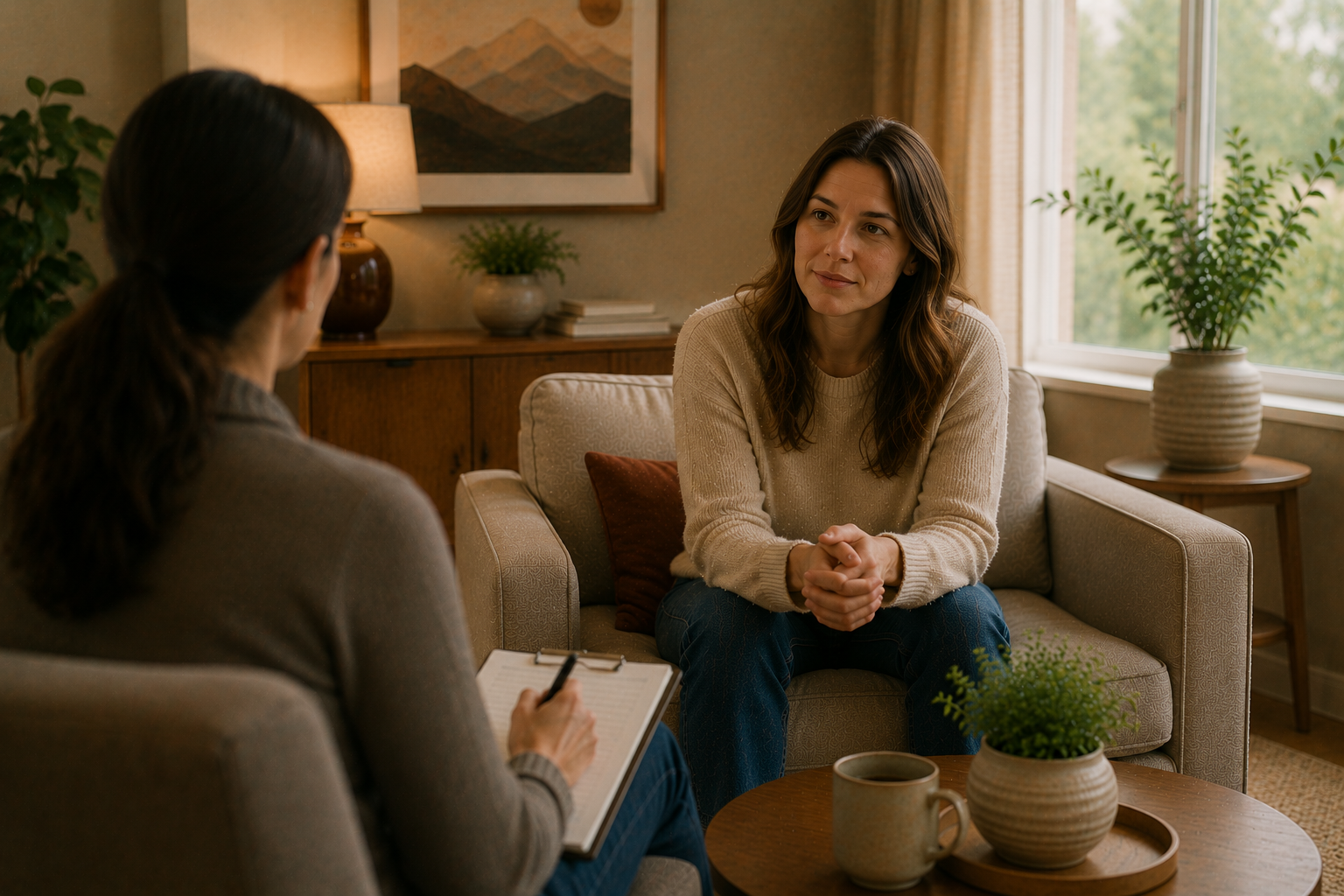 Two women are having a conversation in a cozy, well-lit living room. One woman, with long, dark hair, has her back to the camera and is taking notes. The other woman, with shoulder-length brown hair, is sitting on a light-colored sofa, wearing a beige sweater, and is listening attentively. There are potted plants, a framed landscape picture, and a window with greenery outside.