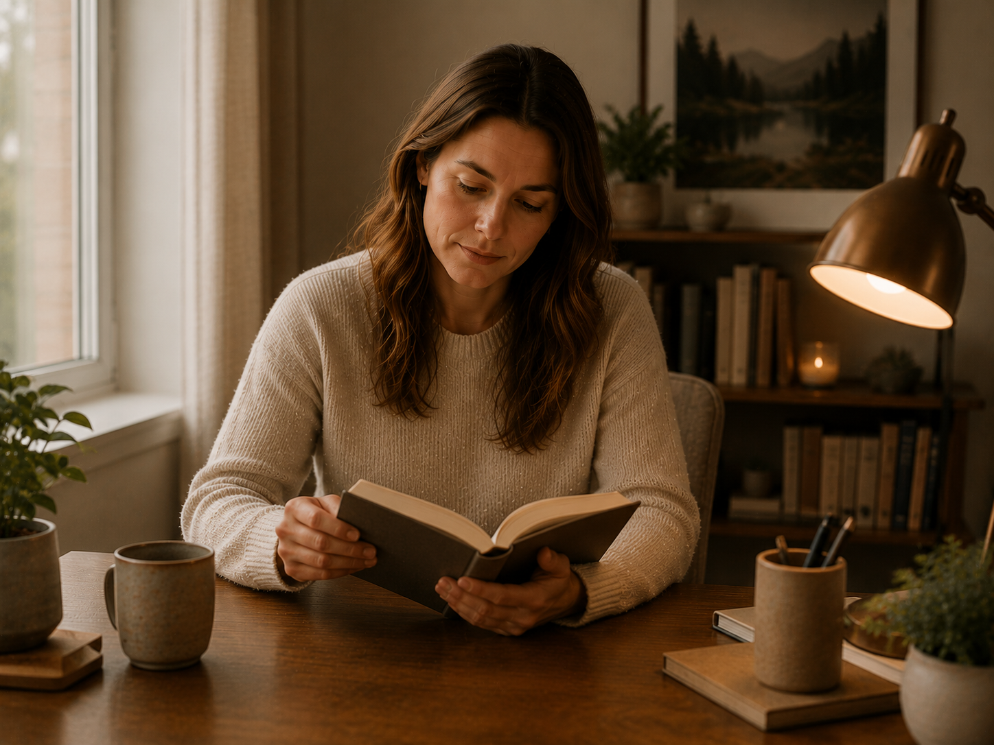 A woman sitting at a wooden table, reading a book in a cozy room with bookshelves and a lamp.