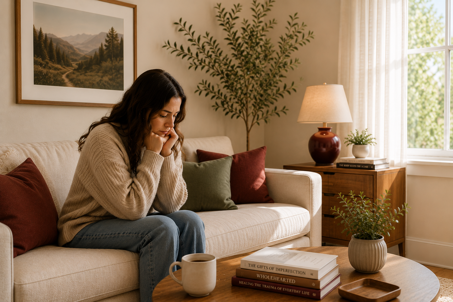 A woman sitting on a beige sofa with red and green cushions, holding her chin in distress in a cozy living room with sunlight, a wooden side table with a lamp, books, and a potted plant, a framed landscape picture on the wall, and a large window with curtains.