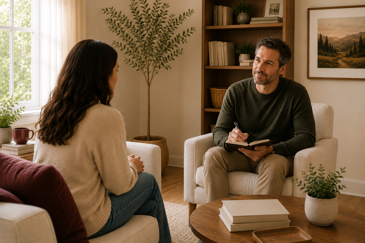 A man and woman having a conversation in a cozy, well-lit living room with plants, bookshelves, and framed landscape artwork.