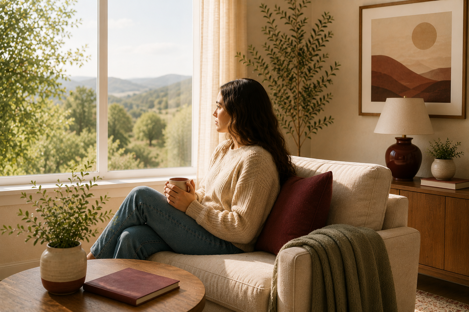 A woman sitting on a beige sofa, holding a mug, looking out the window at a scenic landscape of trees and rolling hills.