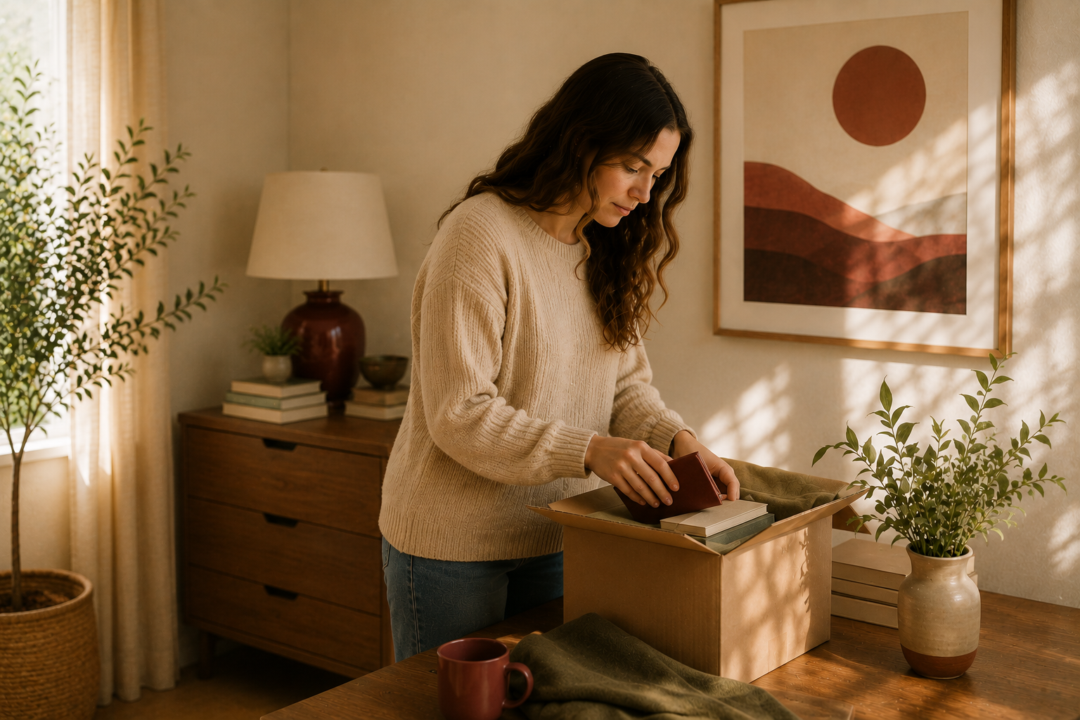 A woman unpacking a box of books in a warmly lit room with plants, a wooden dresser, and abstract artwork on the wall.