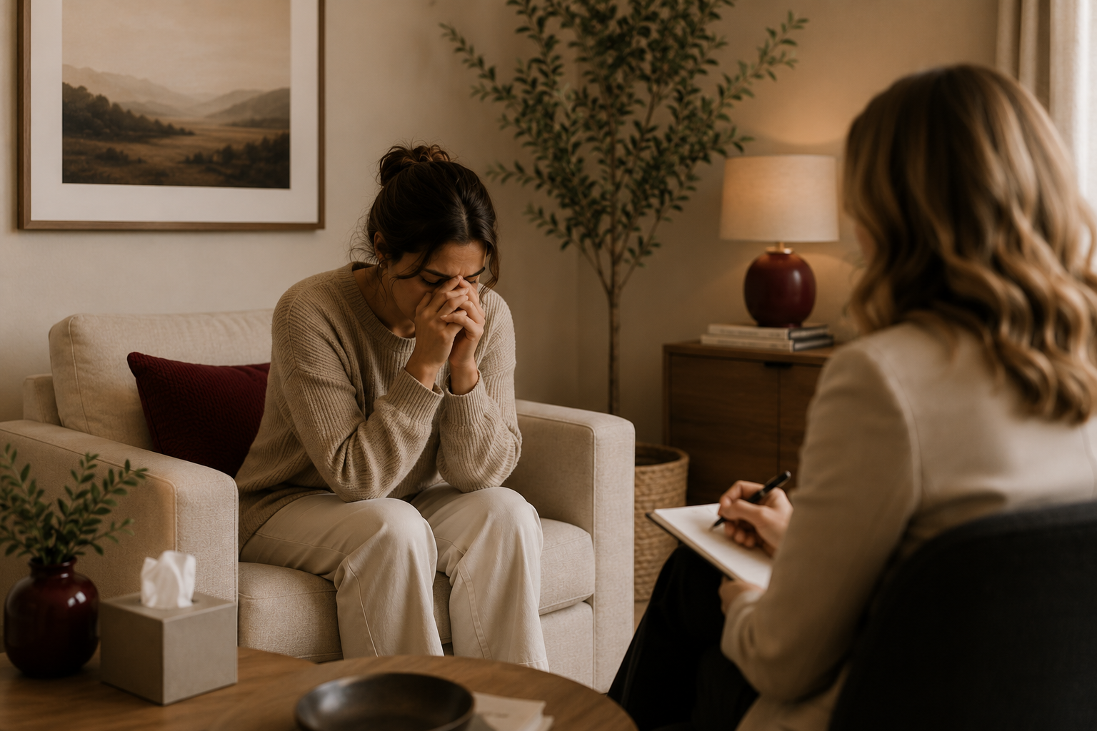 A woman in a beige sweater sitting on a sofa, holding her hands over her face, in a therapy session with a counselor taking notes.