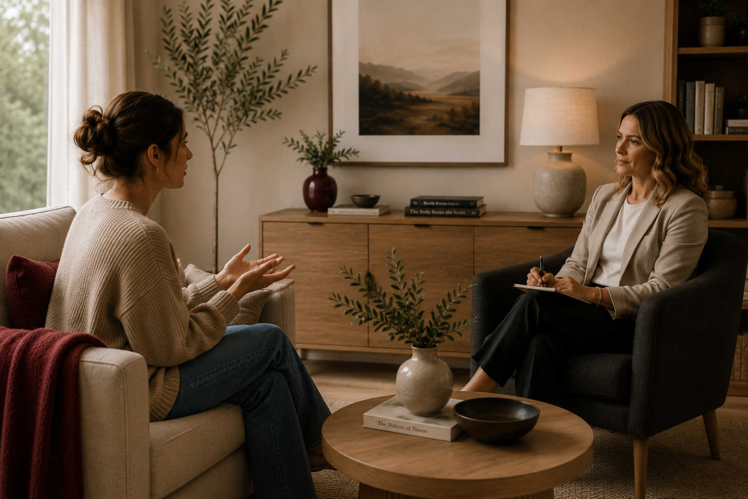 A woman in a beige sweater and jeans is talking to a woman in a light blazer and black pants, who is taking notes in a therapy session in a cozy living room with artwork, plants, and warm lighting.