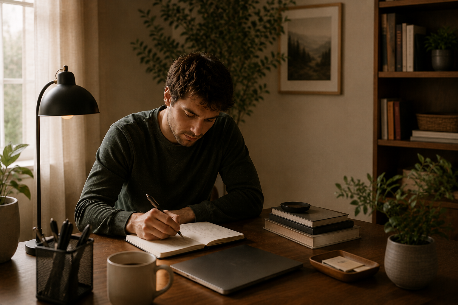 A man sitting at a wooden desk writing in a notebook, surrounded by books, a laptop, plants, a cup, and a desk lamp in a cozy room.