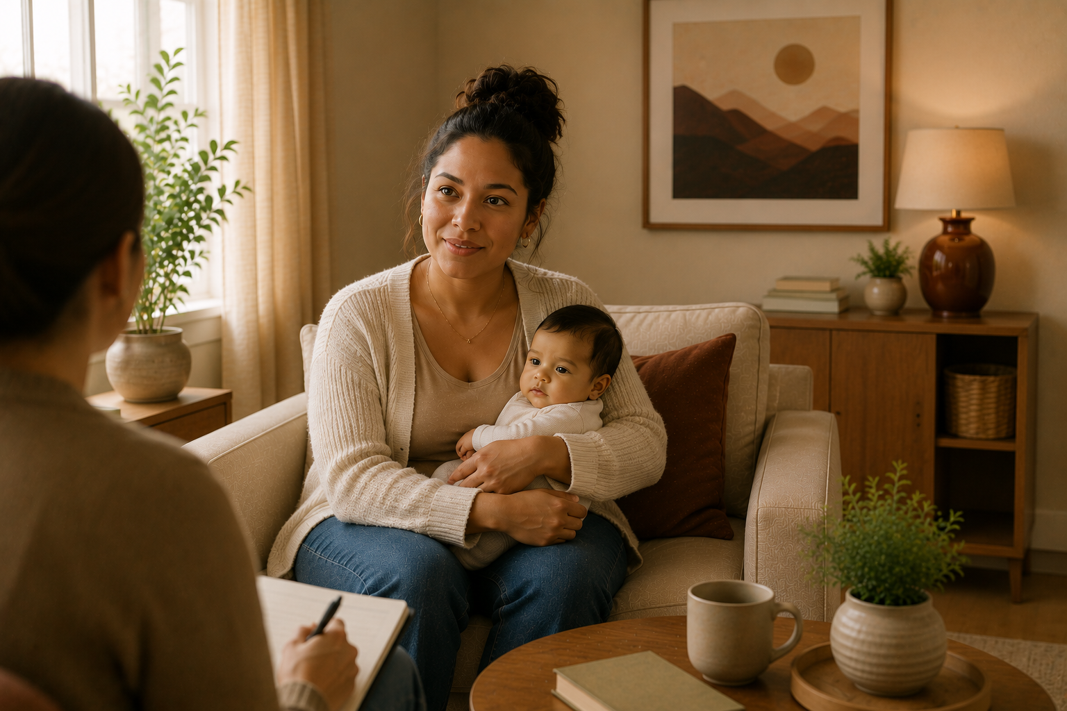 Two women and a baby sitting on a beige couch in a cozy living room, during a discussion with a therapist or counselor taking notes.